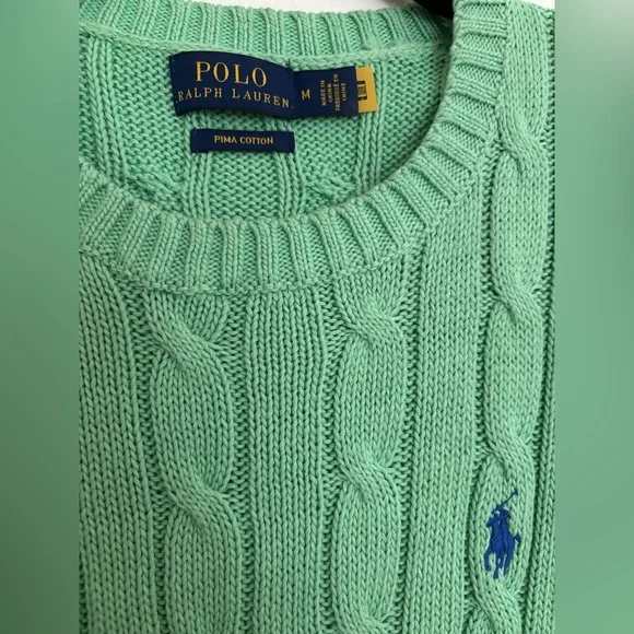 Ralph Lauren Polo Green Cable Knit Sweater Short Sleeve Pima Cotton Medium - Picture 3 of 8